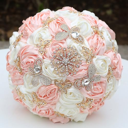 "Mhojpik Handmade Wedding Flowers Bouquet Round Holding Bridal Bouquet Toss Artificial Rose Bunch for Bride Bridesmaid Wedding Quinceanera (Light Salmon & Ivory, 7.5"")"