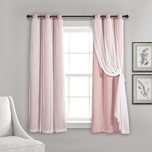 "Lush Decor Grommet Sheer Panels with Insulated Blackout Lining Window Curtain Panel Pair, 45"" L x 38"" W, Pink"