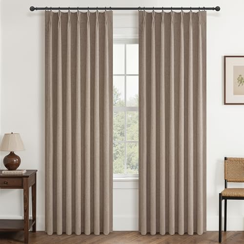 "Dark Flax Living Room Curtains 86 Inches Long,Tan Pinch Pleated Linen Window Curtain Total Blackout Burlap Sunblock Thermal Drapes for Winter Cabin/Office/Nursery Room Divider (40""x86"" 2panels)"