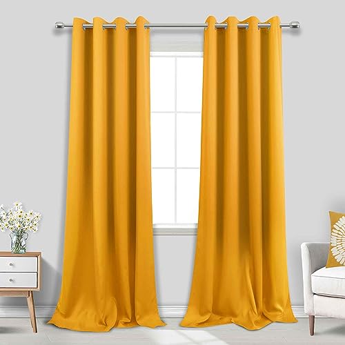 KOUFALL 108 Inch Curtains Blackout,Grommet Boho Black Out Curtains for Living Room 108 Inches Long 2 Panels Set,Mustard Yellow