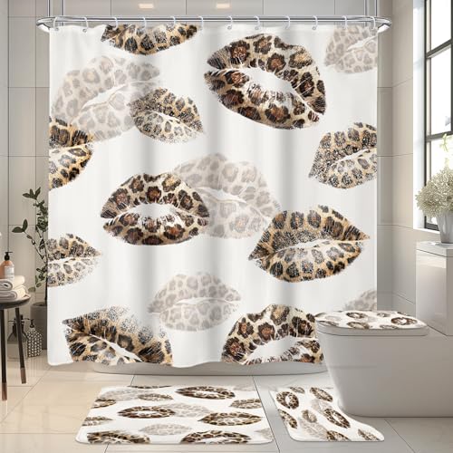 LIGHTINHOME 4 PCS Kiss Lips Shower Curtain Set 72Wx72H,Toilet Lid Cover,Non-Slip Rugs and U-Shaped Mat,Leopard Lipstick Mouth Bathroom Sets with Rugs Shower Accessories 12 Hooks for Bathroom Decor