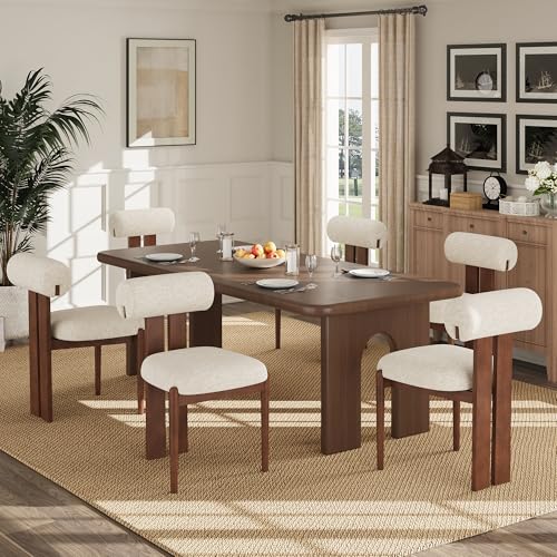 Dining Chairs Set of 6, Dining Room Chairs Upholstered Chenille Fabric, Wooden Kitchen Chairs with Padded Seat & Solid Wood Frame, Modern Accent Chairs for Living Room Bedroom Restaurant,Beige
