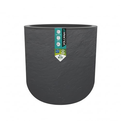 EDA - Round Pot 50 cm Volcania'Up 67 L - Imitation Stone Decor - Single Wall - Water Retention Zone - Diameter 48.5 x Height 46.2 cm - Charcoal Grey