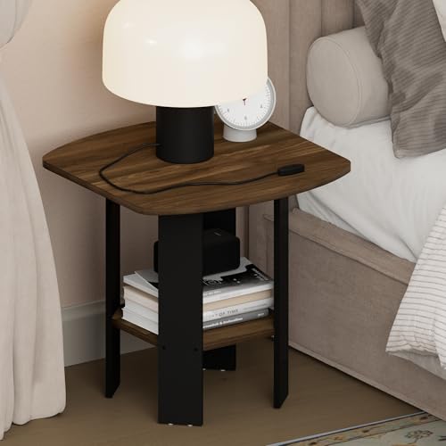 Furinno TIDUR Night Stand, 2-Tier Open Shelf Design Nightstand with Storage Shelf, Round Corner Bedside Table, End Table, Side Table, for Bedroom, Closet, Living Room, Columbia Walnut