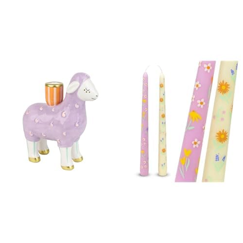 Lamb Ceramic Candle Holder Easter & Floral Tapered Candles Spring Bundle