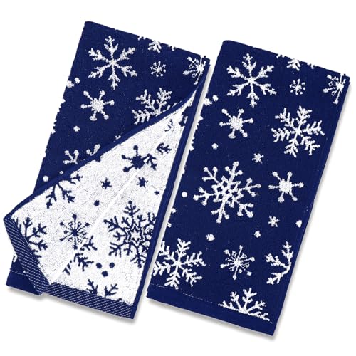 JarThenaAMCS Christmas Hand Towels 2 Pack Winter Blue Snowflake Decorative Towel Cotton Bathroom Towel for Kitchen Drying Cleaning, 29.5 x 13.7 Inch