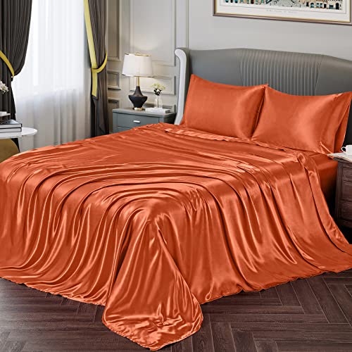 Vonty Silky Soft Satin Duvet Cover Set with 1 Deep Pocket Fitted Sheet + 1 Flat Sheet + 1 Pillow Case, Burnt Orange, Twin Size