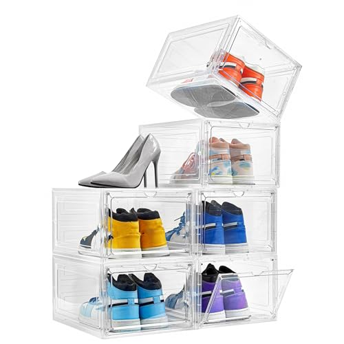 Attelite Drop Front Plastic Shoe Box with Clear Door,Set of 6,Stackable,For Display Sneakers,Easy Assembly,Fit up to US Size 12(13.4???x 10.6???x 7.4???)