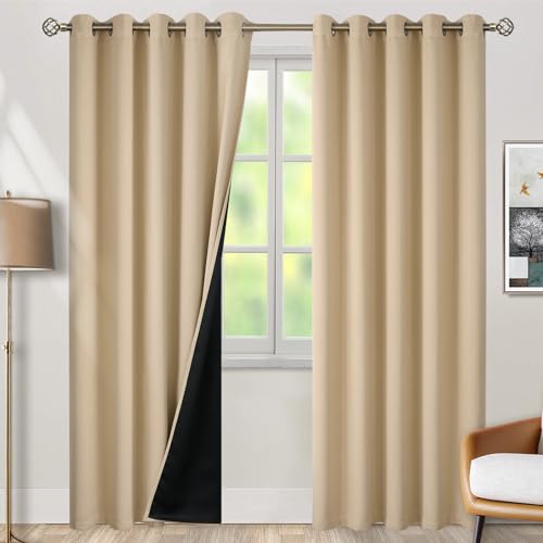BGment Thermal Insulated 100% Blackout Curtains for Bedroom with Black Liner, Double Layer Full Room Darkening Noise Reducing Grommet Curtain (60 x 84 Inch, Beige, 2 Panels)