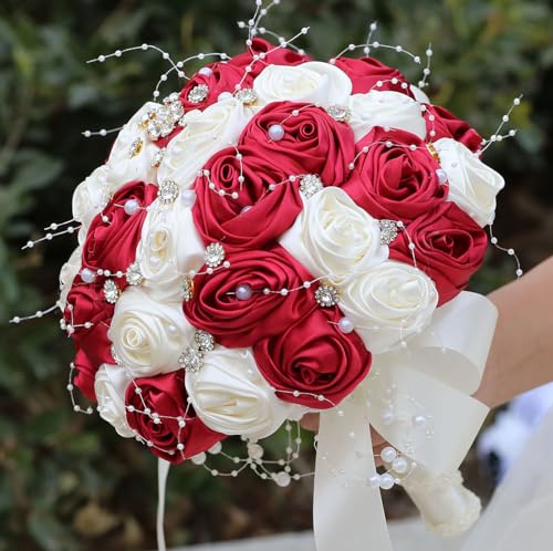 "Mhojpik Bridal Wedding Bouquet Round Bling Brooch Bouquet Throw Toss Artificial Rose Flower Bunch for Bride Bridesmaid Wedding Quinceanera(Ruby Red & Ivory, 8.7"")"