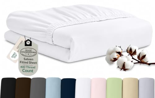 "Royale Linens 400 Thread Count 100% American Grown Cotton Fitted Sheet Queen Size - All Around Elastic Fitted Sheet - Luxury Sateen Weave - Snug Fit Bottom Sheets Fit Up To 16"" (Queen,Signature White)"