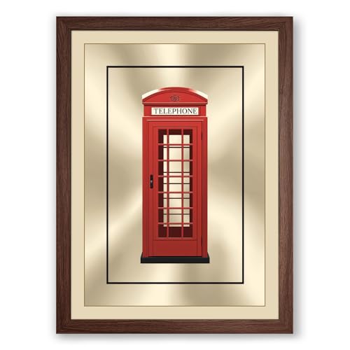 British Telephone Box Minimalist Framed Wall Art Print A4 (29.7×21cm) Walnut, Wall Decor for Living Room, Bedroom, Office & Home, Ready to Hang, Art Gift
