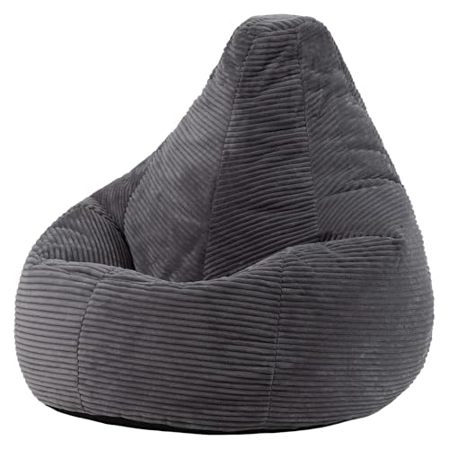 icon Dalton Cord Bean Bag Chair, Charcoal Grey, Large Adult Bean Bag with Filling Included, Comfy Chair, Living Room Furniture, Bedroom Furniture