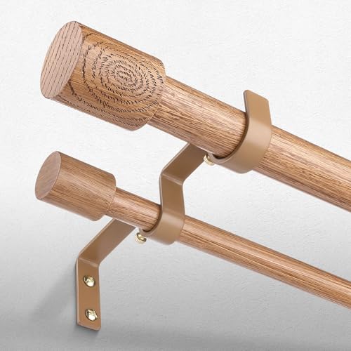 Wood Double Curtain Rods for Windows 72 to 144 Inch, Adjustable Decorative 1'' Heavy Duty Dual Curtain Rod, Boho Farmhouse Extra Long Window Treatment Rods with Modern Faux Wood Grain Finials