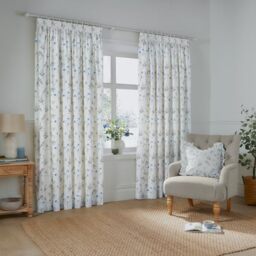 furn. Wylder Meadow Pencil Pleat Curtain Pair – 100% Cotton Country Floral Lined Drapes (White/Cornflower - 168x137cm)