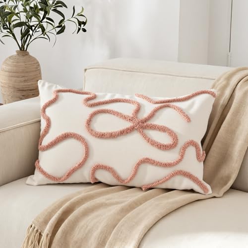 RinRinfam Coquette Bow Tufted Throw Pillow Cover 12x 20, Boho Neutral Linen Pillow Cushion Cases,Farmhouse Modern Decorative Pillows for Bed, Outdoor Couch Bedroom Car Mauve