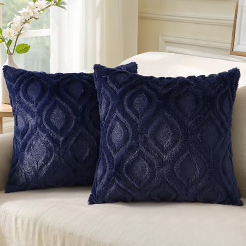 decorUhome Set of 2 Faux Fur Cushion Covers 45x45 cm, Decorative Soft Plush Fluffy Velvet Cushion Cover 18X18 Inch,Square Boho Neutral Pillow case for Sofa, Navy