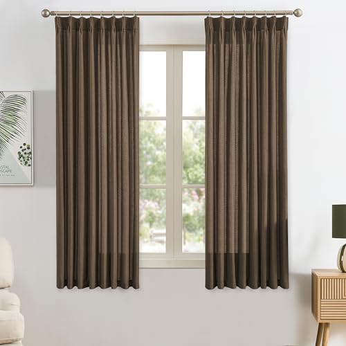 Brown Pleated Linen Curtains 45 Inches Long Farmhouse Semi Sheer Memory Trained Shape Pinch Pleat Drapes with Hooks Back Tab Ripple Fold Curtain for Bedroom Living Room 42x45