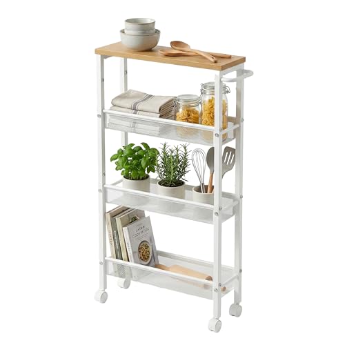 Relaxdays Narrow Metal Trolley, 4-Tier Bathroom & Kitchen Shelf, 77x13x45 cm, Natural/White