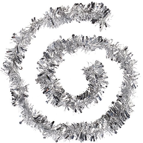 WeRChristmas 10 m Garland Traditional Christmas Tree Tinsel with Stars, Silver