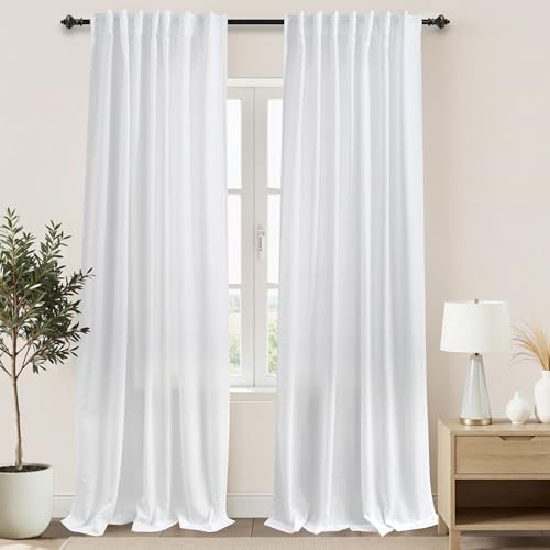 KOUFALL White Sheer Curtains 120 Inches Long for Living Room 2 Panels Set Back Tab Semi Sheer Light Filtering Privacy Linen Curtain Drpaes,52x120 Inch Length