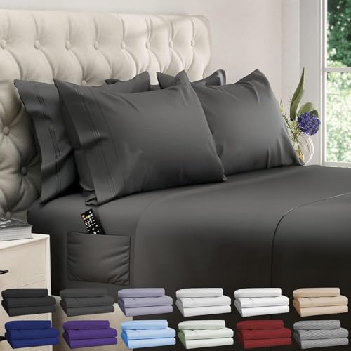 DREAMCARE 6 Piece Extra Deep Pocket Sheets Microfiber Sheets Gray California King Size