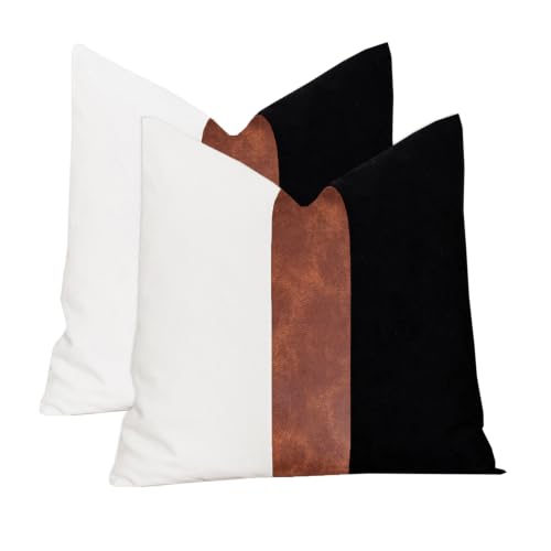 Vfuty Set of 2 Black and White Modern Throw Pillow Cover Thick Faux Leather and Cotton Farmhouse Accent Cushion Cover for Couch Sofa Decorative Square Pillowcase 18x18 Inch, Black
