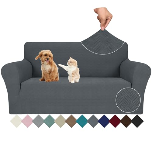 JIVINER Stretch Loveseat Slipcovers 1 Piece Love Seat Sofa Cover Spandex 2 Seater Couch Covers Universal Furniture Protector with Elastic Bottom (Medium, Dark Gray Rhomb)