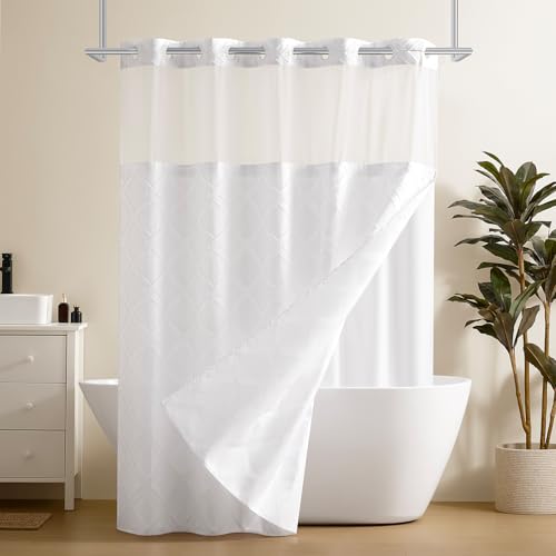 downluxe No Hook Shower Curtain with Snap in Liner,White Waffle Fabric Shower Curtain Set for Bathroom,Hotel Style Double-Layer Waterproofing Curtains 71W x 74H