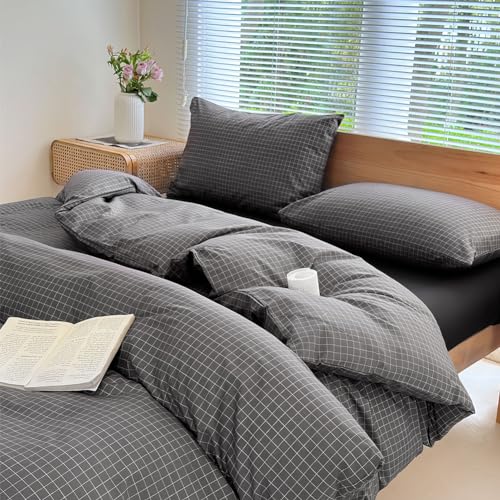 NSNLGSGC Gray Plaid Duvet Cover Set Twin,Charcoal Grid Simple Geometric Square Pattern Comforter Cover,Soft Washed Microfiber Bedding Cover (2PCS,Twin)