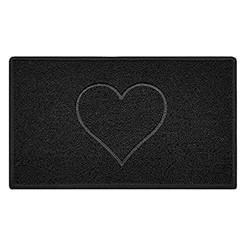 Nicoman Heart Shape Embossed Entrance Door Mat Non Slip Dirt Trapper PVC Spaghetti Mat with Rubber Base, Jet Washable Quick Drying Doormat Indoor or Outdoor - (Medium, Black, 75 x 44cm)