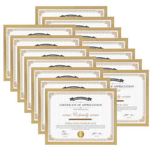 Hoikwo 14 Packs 8.5x11 Gold Multi Plastic Picture Frames Set with Plastic Cover, Certificate Frames for Document Diploma Award, Light Weight Bulk 8.5 by 11 Frames Pack for Wall Hanging and Table