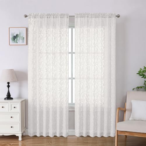 "Lecloud Leia Ivory Sheer Curtains 84 Inches Long 2 Panels, Airy Voile Jacquard Leaf Textured Curtains, Semi Sheer Farmhouse Rod Pockets Curtain Drapes for Bedroom Living Room, 52"" W x 84"" L"