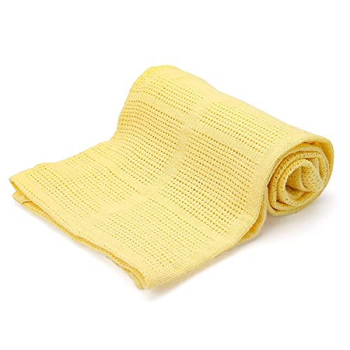 Family Bedding Yellow Cotton Cellular Blanket – Double Bed - Reversible Lightweight Thermal Throw - Soft Traditional Design (230 x 230 cm)