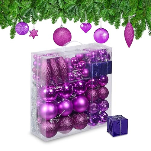Relaxdays Christmas Baubles, Set of 110, Glittery, Matt & Shiny Ornaments, Plastic Decorations, HxD: 9 x 8 cm, Violet