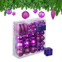 Relaxdays Christmas Baubles, Set of 110, Glittery, Matt & Shiny Ornaments, Plastic Decorations, HxD: 9 x 8 cm, Violet