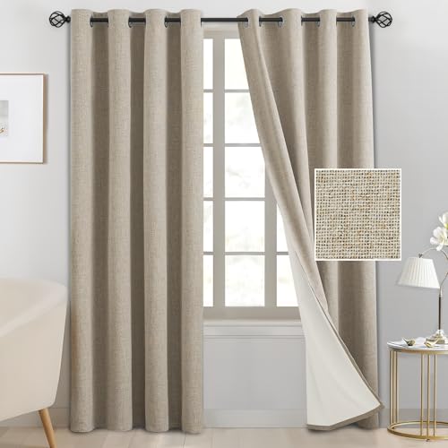 SimpleHome Natural Taupe Linen Curtains for Living Room,84 Inch 2 Panels - Curtains for Bedroom,100% Blackout Faux Linen Textured Curtains,Living Room Curtains Grommet Solid with White Liner,52W x 84L