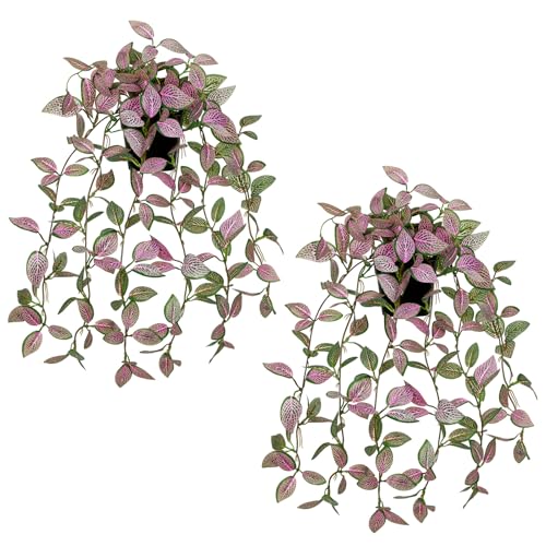 2 Pack Fake Hanging Plants for Shelf in Back Pot, Small Artificial Hanging Ivy Vine Plants Indoor Fake Potted Greenery Plant for Room Bathroom Kitchen Wall End Table Mimi Faux Nerve Plant Set Decor