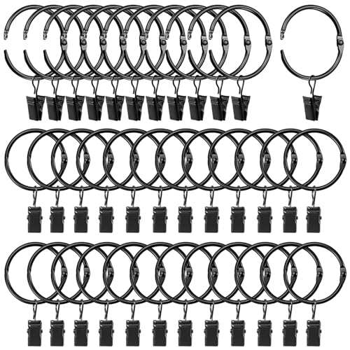 "LLPJS Openable Curtain Rings with Clips, Open Drapery Rings with Hooks, Curtain Clips 1.26 inch Interior Diameter, Fit up to 1"" Curtain Rod (Black, 1.26"" I D Set of 36)"
