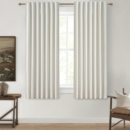 QJmydeco Pleated Curtains with Pin Hooks Linen Kitchen 45 Inch Length 2 Panels Set, Blackout Curtains with Rings Back Tab for Small Window Soundproof Heat Blocking Drapes (BeigeWhite W50 xL45)
