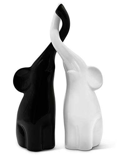 "Vaudagio Loving Pair of Elephants in Black and White - Modern Ceramic Sculpture as a Set - Decoration Figure 10.2"" high Ornament - Elephant Figurine"