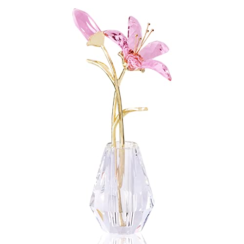 YWHL Crystal Lily Flower Figurine with Vase, Handmade Pink Lily Flower Gifts for Woman, Wedding Gifts for Couple, Home Party Decorations (Pink Lily)
