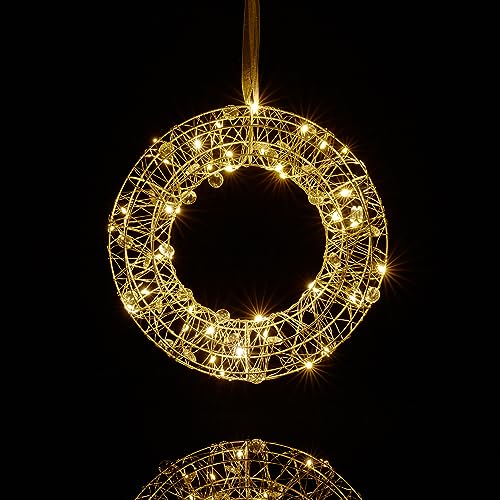 Relaxdays LED Light Wreath, Decorative Window Ornament, Autumn, Hang Up Christmas Decor, Battery Powered, Ø 25cm, Silver