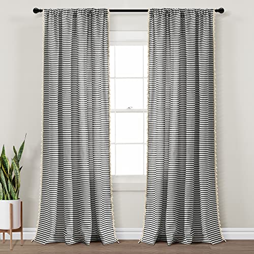"Lush Decor Boho Coastal Horizontal Ticking Stripe Tassel Window Curtain Panel Pair, 52"" W x 84"" L, Black"