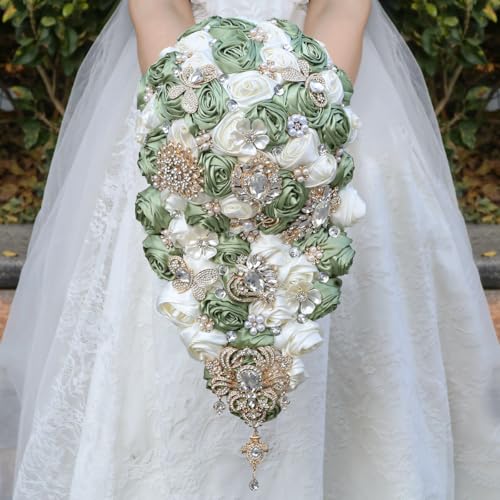 "Mhojpik Luxury Cascade Bridal Wedding Bouquet Satin Rose Waterfall Holding Bouquet Artificial Flower Bunch for Bride Bridesmaid(Sage Green & Ivory, 15"" x 7.5"")"