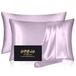 Silk Pillow Cases 2 Pack, Mulberry Silk Pillowcases Standard Set of 2, Smooth, Anti Acne, Beauty Sleep, Both Sides Natural Silk Satin Pillow Cases for Women 2 Pack with Zipper for Gift, Lavender