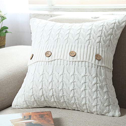 vctops Cotton Cable Knit Pillow Cover Soft Warm Throw Pillow Case Cushion Cover Decorative Pillow Cover with Buttons (White, 18x18 inches)