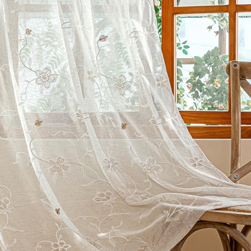 AmHoo 2 Panels Linen Floral Leaf Embroidered Semi Sheer Curtain Farmhouse Voile Curtains for Living Room Bedroom Window Treatment Taupe 52 x 84 Inch