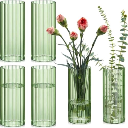 Ninehaoou 6 Pcs 8 Inch Tall Glass Ribbed Cylinder Vases Clear Floating Candle Flower Vase in Bulk, Hurricane Candle Holder for Wedding Housewarming Gift Table Centerpieces(Green)