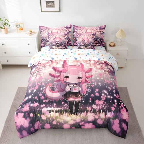 Feelyou Boys Girls Cute Axolotl 7 Pieces Bedding Set Queen Size, Anime Characters Bed in A Bag Kids Cartoon Princess Comforter Set with Sheets Cherry Blossoms Teens Bed Set Bedroom Decor 7Pcs